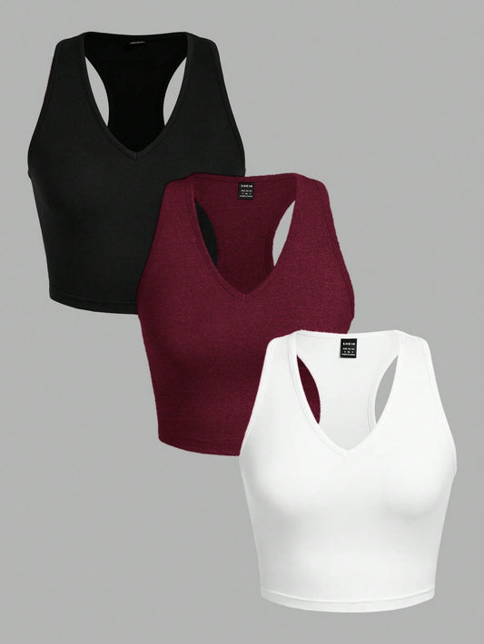 EZwear 3pcs Pack Black, White, Burgundy Women Casual Cropped Slim Fit Camisoles, Suitable For Summer Back To School
