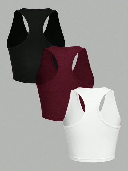 EZwear 3pcs Pack Black, White, Burgundy Women Casual Cropped Slim Fit Camisoles, Suitable For Summer Back To School
