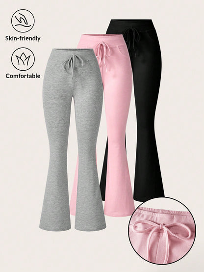 EZwear 3pcs/Pack Women's Solid Color Simple Drawstring Flare Sweatpants Graduation,Back To School Outfits,Graduation,Teacher Outfits For Women,Back To School