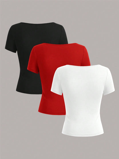 EZwear 3pcs/Set Women Short Sleeve Cropped Casual T-Shirts, Fitted Style For Summer Suitable For Going Out