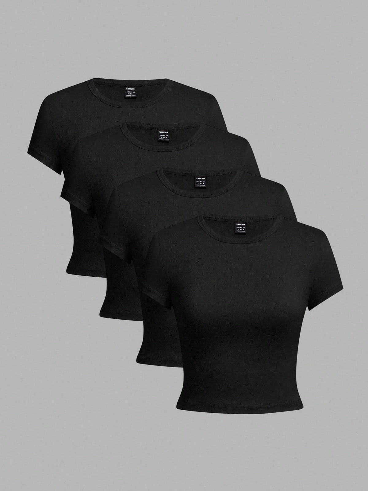 EZwear 4pcs Black Casual Round Neck Short Sleeve Fitted Women T-Shirts, Suitable For Summer