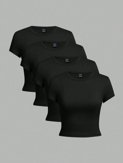 EZwear 4pcs Black Casual Round Neck Short Sleeve Fitted Women T-Shirts, Suitable For Summer