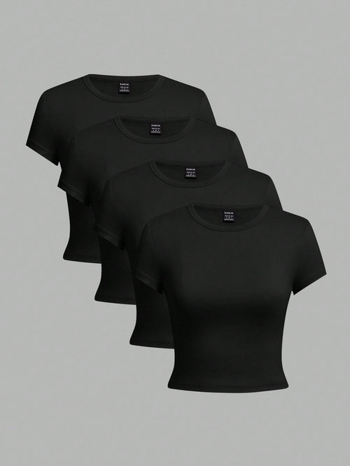EZwear 4pcs Black Casual Round Neck Short Sleeve Fitted Women T-Shirts, Suitable For Summer