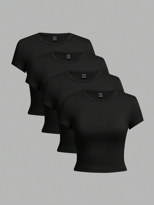 EZwear 4pcs Black Casual Round Neck Short Sleeve Fitted Women T-Shirts, Suitable For Summer