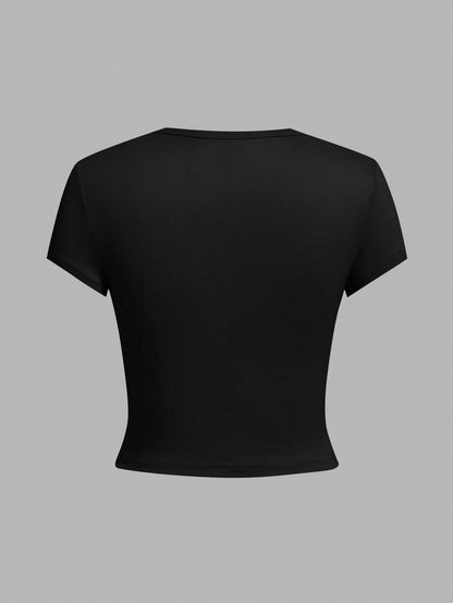 EZwear 4pcs Black Casual Round Neck Short Sleeve Fitted Women T-Shirts, Suitable For Summer