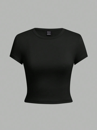 EZwear 4pcs Black Casual Round Neck Short Sleeve Fitted Women T-Shirts, Suitable For Summer