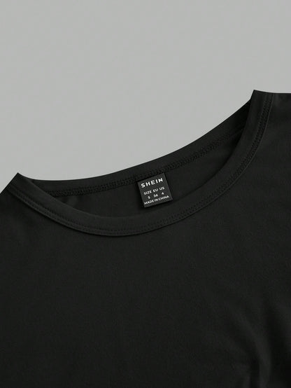 EZwear 4pcs Black Casual Round Neck Short Sleeve Fitted Women T-Shirts, Suitable For Summer
