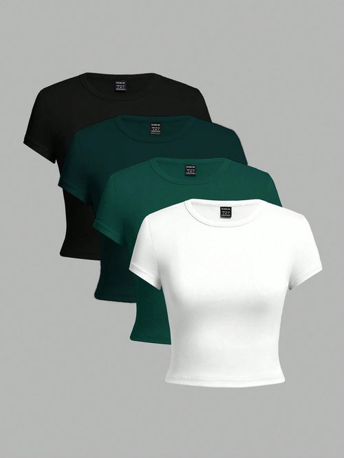 EZwear 4pcs Black, Olive Green, White Casual Round Neck Short Sleeve Fitted Women T-Shirts, Suitable For Summer