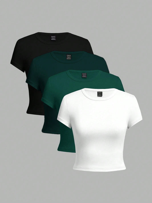 EZwear 4pcs Black, Olive Green, White Casual Round Neck Short Sleeve Fitted Women T-Shirts, Suitable For Summer
