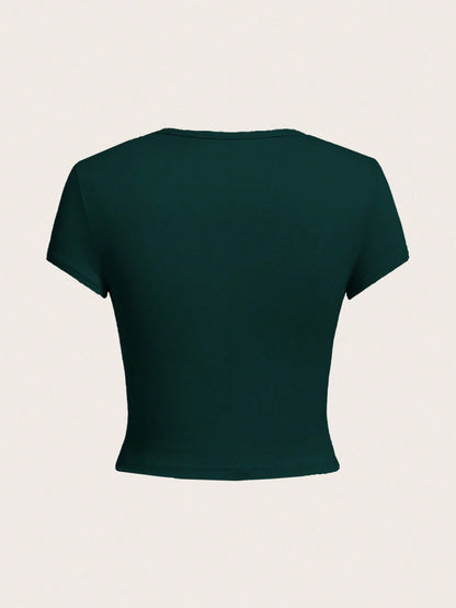 EZwear 4pcs Black, Olive Green, White Casual Round Neck Short Sleeve Fitted Women T-Shirts, Suitable For Summer