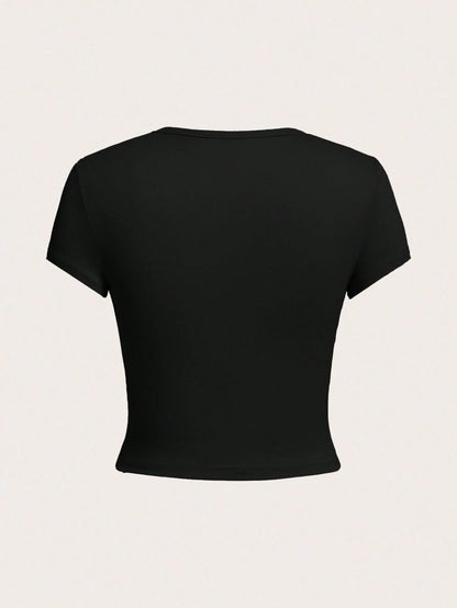 EZwear 4pcs Black, Olive Green, White Casual Round Neck Short Sleeve Fitted Women T-Shirts, Suitable For Summer