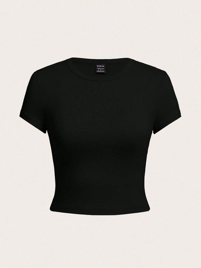 EZwear 4pcs Black, Olive Green, White Casual Round Neck Short Sleeve Fitted Women T-Shirts, Suitable For Summer