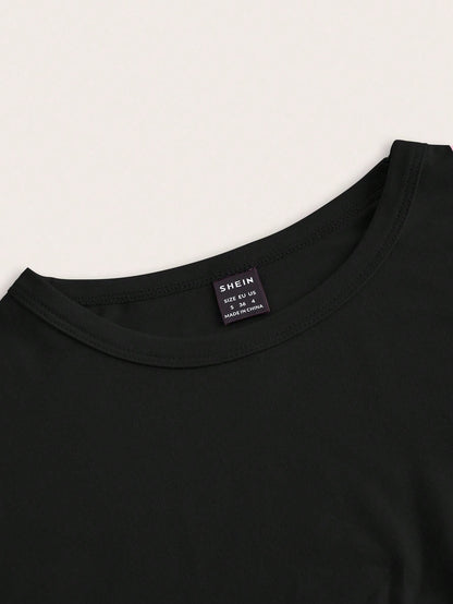 EZwear 4pcs Black, Olive Green, White Casual Round Neck Short Sleeve Fitted Women T-Shirts, Suitable For Summer
