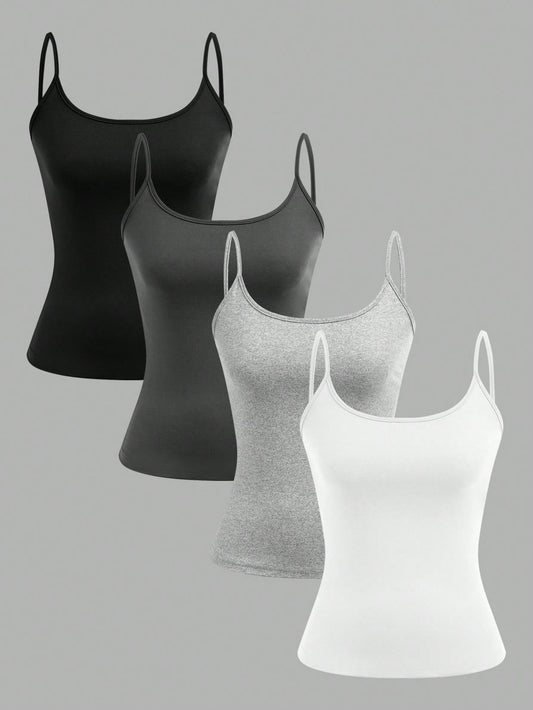 EZwear 4pcs Minimalist Casual Women's Camisole Tank Tops, Suitable For Summer Back To School