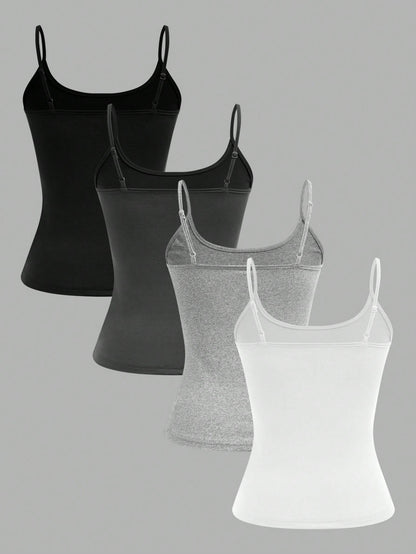 EZwear 4pcs Minimalist Casual Women's Camisole Tank Tops, Suitable For Summer Back To School