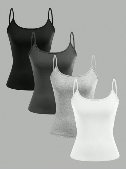 EZwear 4pcs Minimalist Casual Women's Camisole Tank Tops, Suitable For Summer Back To School