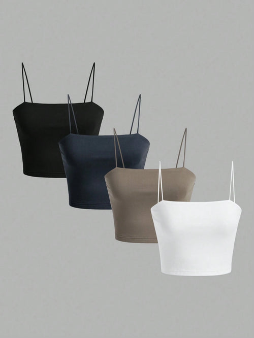 EZwear 4pcs/Pack Short Casual Slim-Fit Camisole Tops For Women, Summer Back To School