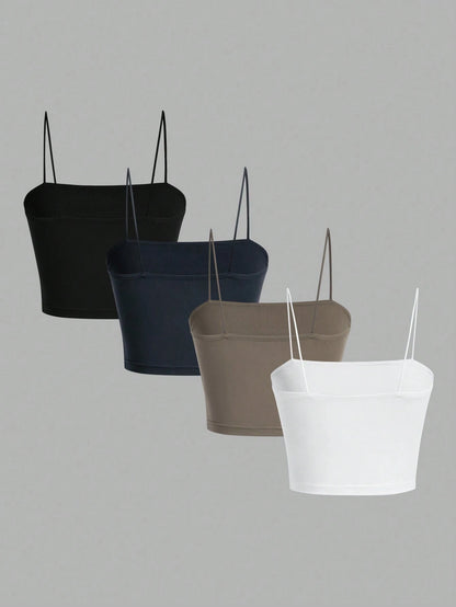 EZwear 4pcs/Pack Short Casual Slim-Fit Camisole Tops For Women, Summer Back To School