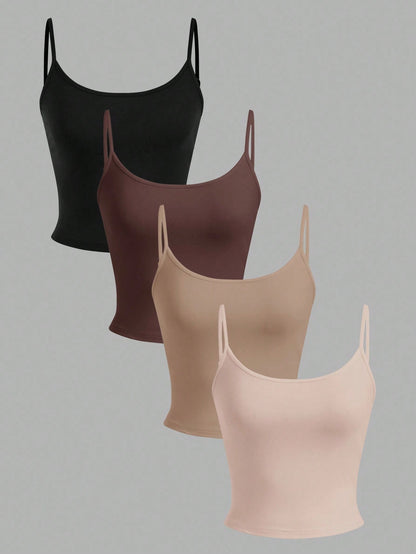 EZwear 4pcs Women's Black, Chocolate Brown Tan Beige, Tight Fitted Cropped Casual Basic Modest Tank Tops, Suitable For Summer Daytime Everyday Holiday Office