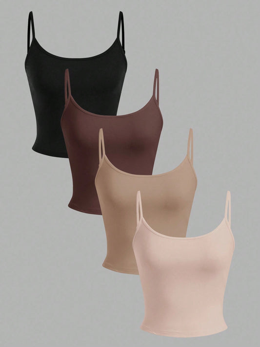 EZwear 4pcs Women's Black, Chocolate Brown Tan Beige, Tight Fitted Cropped Casual Basic Modest Tank Tops, Suitable For Summer Daytime Everyday Holiday Office