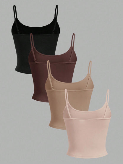 EZwear 4pcs Women's Black, Chocolate Brown Tan Beige, Tight Fitted Cropped Casual Basic Modest Tank Tops, Suitable For Summer Daytime Everyday Holiday Office