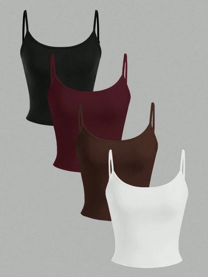 EZwear 4pcs Women's Cropped Tight Fit Casual Tank Tops, Suitable For Summer