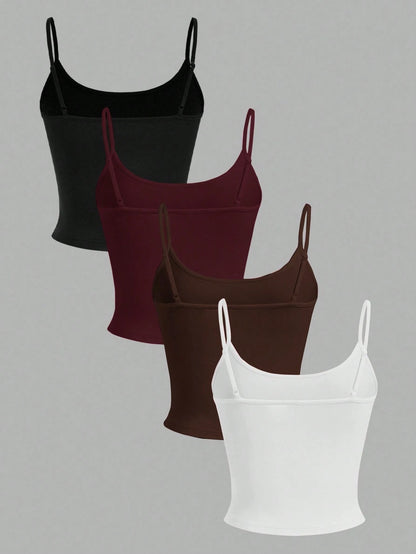 EZwear 4pcs Women's Cropped Tight Fit Casual Tank Tops, Suitable For Summer