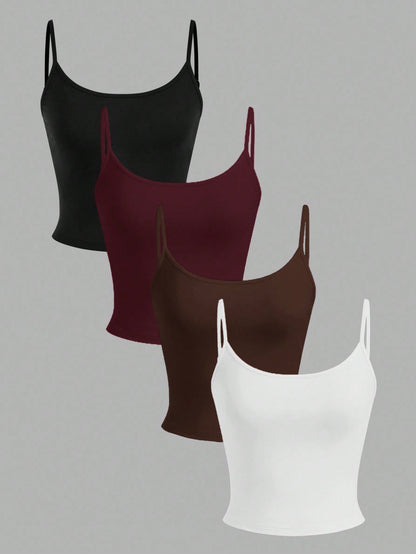 EZwear 4pcs Women's Cropped Tight Fit Casual Tank Tops, Suitable For Summer