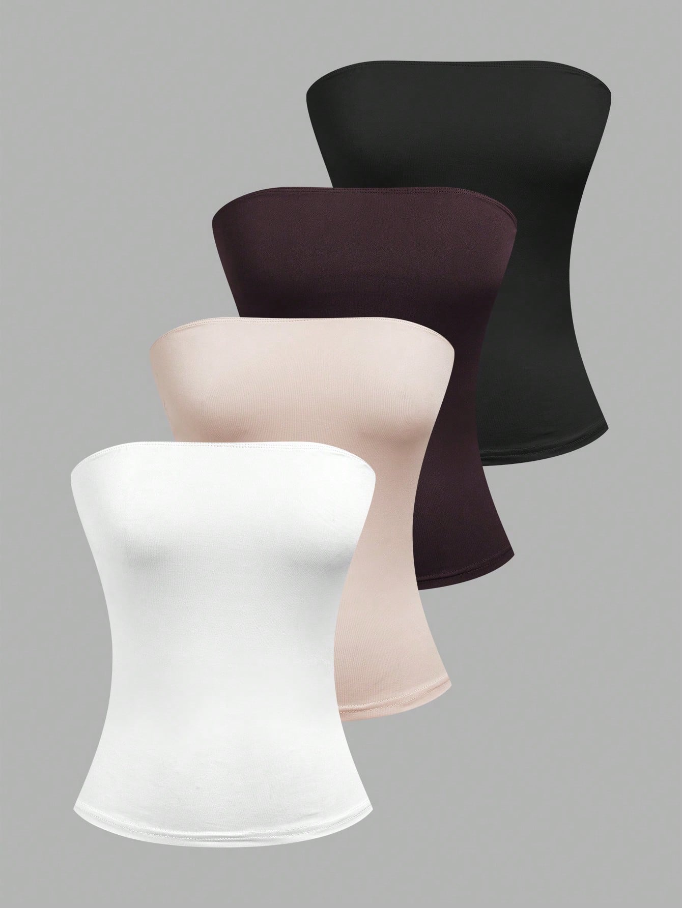 EZwear 4pcs Women's Solid Color Ribbed Casual Tube Tops, Summer Strapless Tops Tube Tops Women