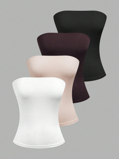 EZwear 4pcs Women's Solid Color Ribbed Casual Tube Tops, Summer Strapless Tops Tube Tops Women