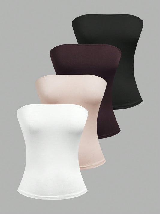 EZwear 4pcs Women's Solid Color Ribbed Casual Tube Tops, Summer Strapless Tops Tube Tops Women