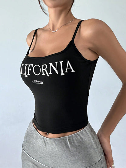 EZwear Alphabet Print Round Neck Tight-Fitting Summer All-Match Camisole Top