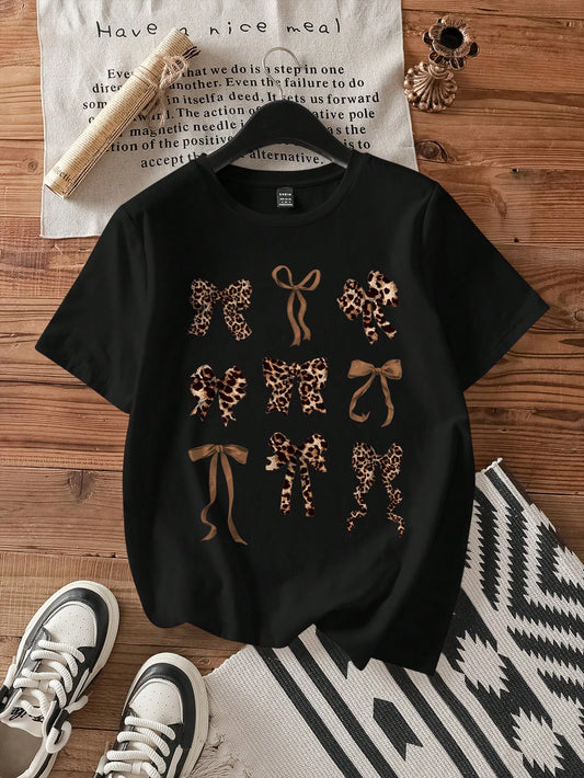 EZwear Casual Loose Nine-Grid Bow Pattern Round Neck Short Sleeve T-Shirt For Women, Suitable For Summer Suitable For Going Out