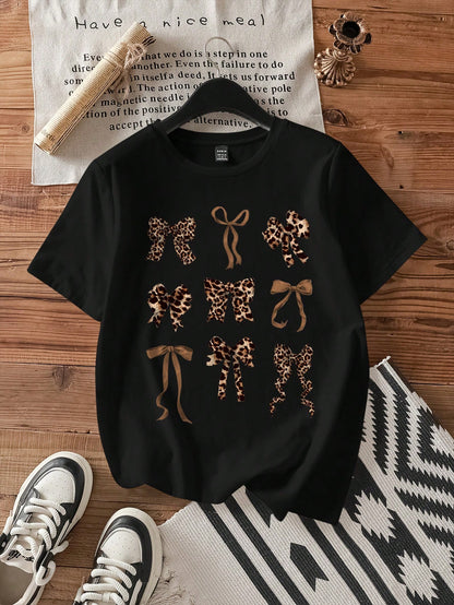 EZwear Casual Loose Nine-Grid Bow Pattern Round Neck Short Sleeve T-Shirt For Women, Suitable For Summer Suitable For Going Out