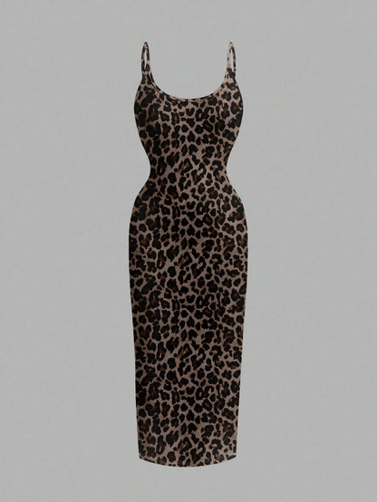 EZwear Casual Minimalist Full-Length Leopard Print Bodycon Slip Dress, Suitable For Summer,Summer Dress