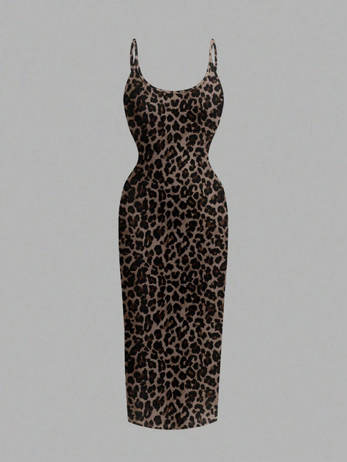 EZwear Casual Minimalist Full-Length Leopard Print Bodycon Slip Dress, Suitable For Summer,Summer Dress