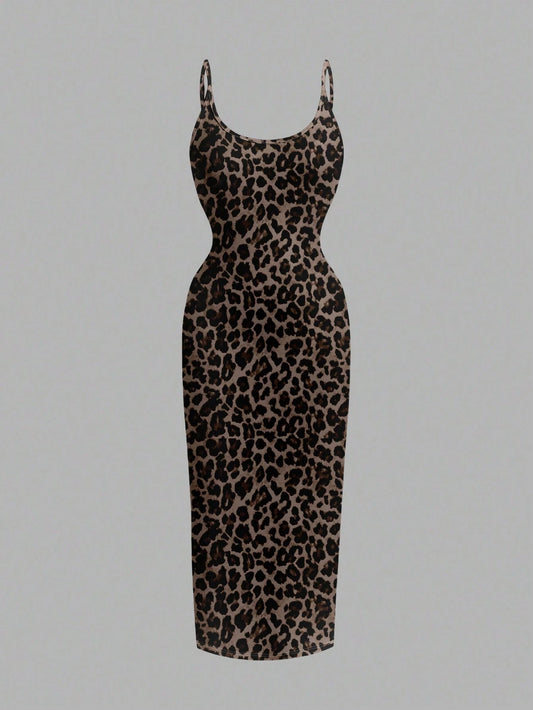 EZwear Casual Minimalist Full-Length Leopard Print Bodycon Slip Dress, Suitable For Summer,Summer Dress