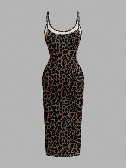 EZwear Casual Minimalist Full-Length Leopard Print Bodycon Slip Dress, Suitable For Summer,Summer Dress