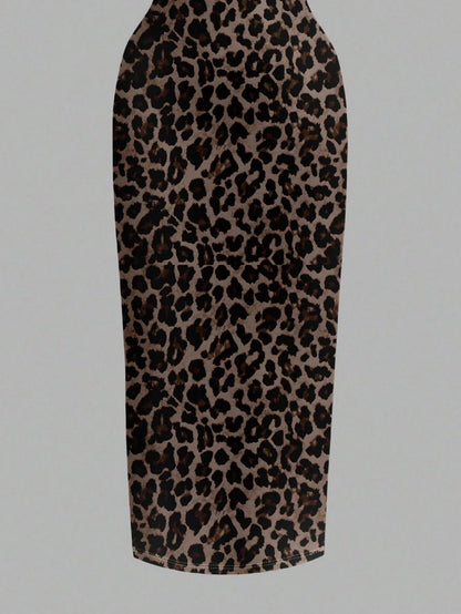 EZwear Casual Minimalist Full-Length Leopard Print Bodycon Slip Dress, Suitable For Summer,Summer Dress