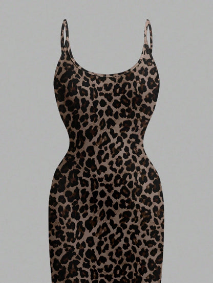 EZwear Casual Minimalist Full-Length Leopard Print Bodycon Slip Dress, Suitable For Summer,Summer Dress