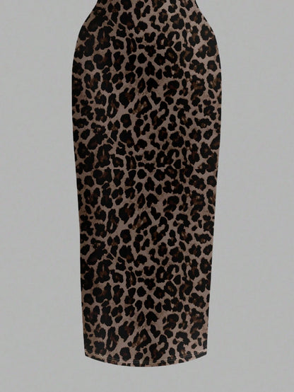 EZwear Casual Minimalist Full-Length Leopard Print Bodycon Slip Dress, Suitable For Summer,Summer Dress