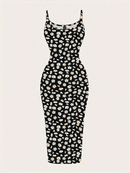 EZwear Casual Minimalist Full-Length Leopard Print Bodycon Slip Dress, Suitable For Summer,Summer Dress