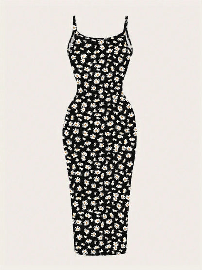 EZwear Casual Minimalist Full-Length Leopard Print Bodycon Slip Dress, Suitable For Summer,Summer Dress