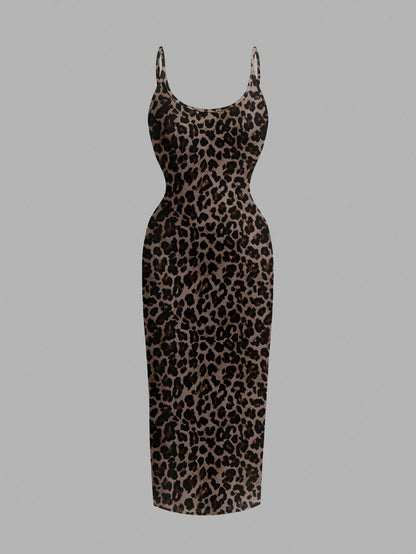 EZwear Casual Minimalist Full-Length Leopard Print Bodycon Slip Dress, Suitable For Summer,Summer Dress