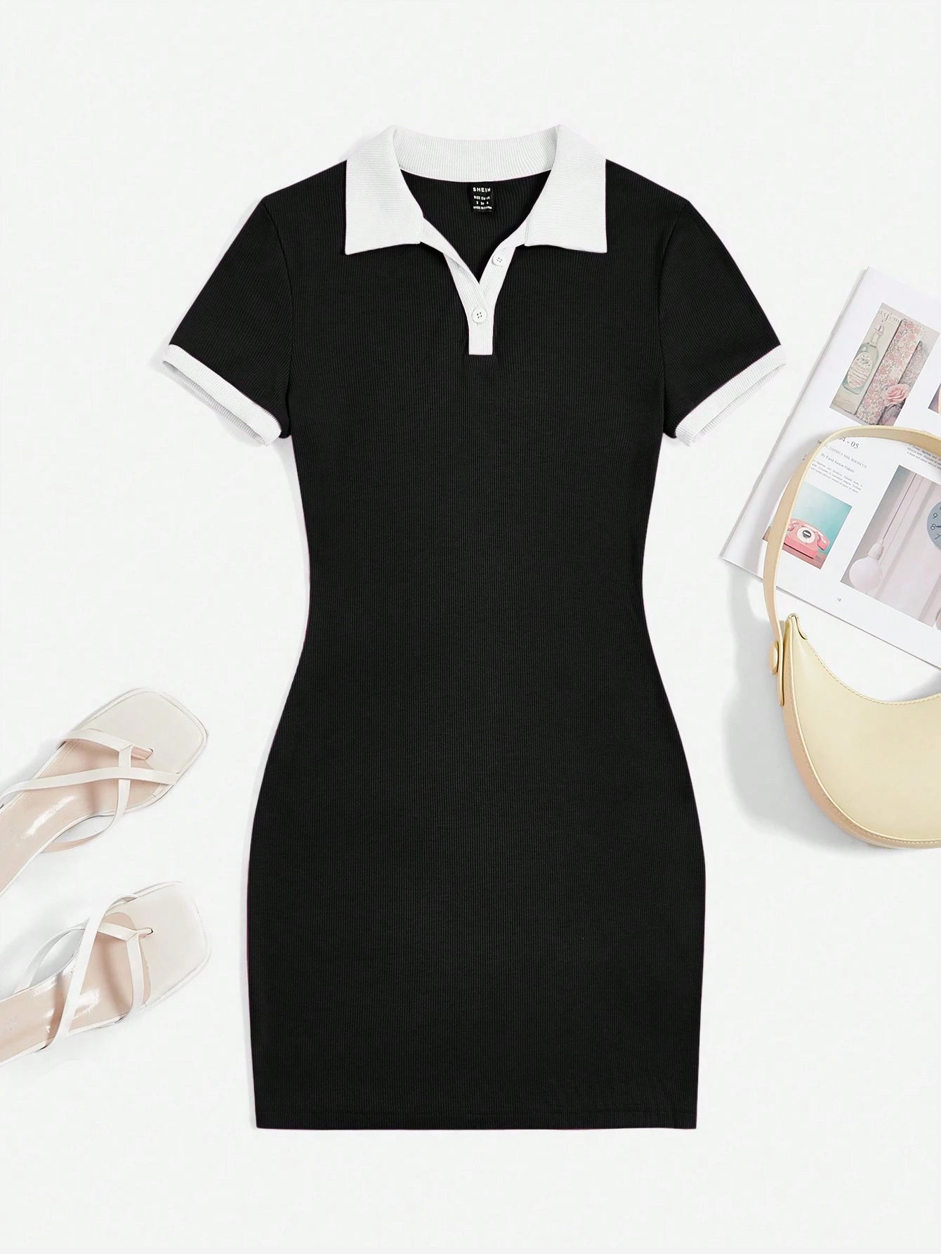 EZwear Contrast Collar Ribbed Knit Bodycon Dress,Summer Dresses For Women