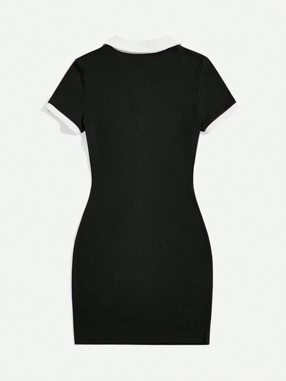 EZwear Contrast Collar Ribbed Knit Bodycon Dress,Summer Dresses For Women