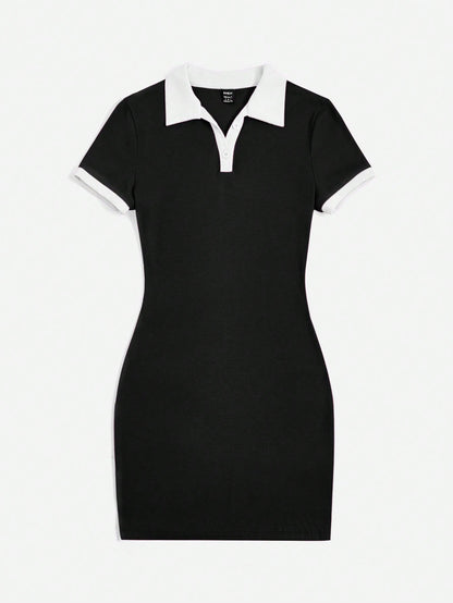 EZwear Contrast Collar Ribbed Knit Bodycon Dress,Summer Dresses For Women