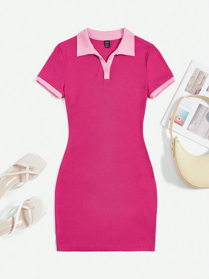 EZwear Contrast Collar Ribbed Knit Bodycon Dress,Summer Dresses For Women