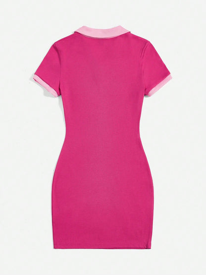 EZwear Contrast Collar Ribbed Knit Bodycon Dress,Summer Dresses For Women
