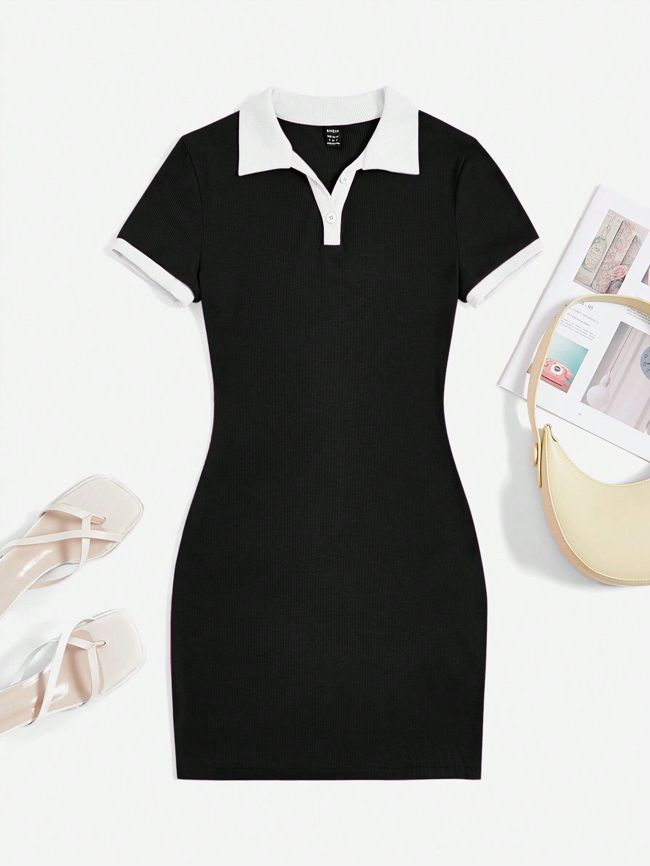 EZwear Contrast Collar Ribbed Knit Bodycon Dress,Summer Dresses For Women